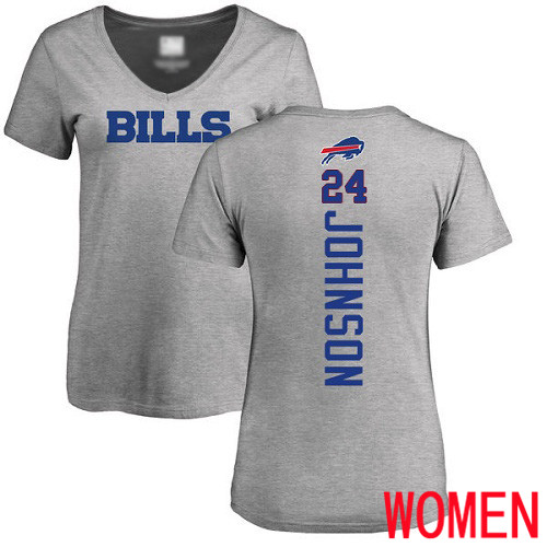NFL Women Buffalo Bills #24 Taron Johnson Ash Backer V-Neck T Shirt